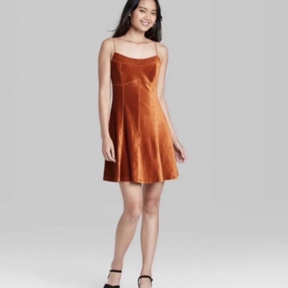 Wild Fable Women’s Orange Rust Ribbed Velvet Spaghetti Strap Mini Dress, size XS - Picture 1 of 12